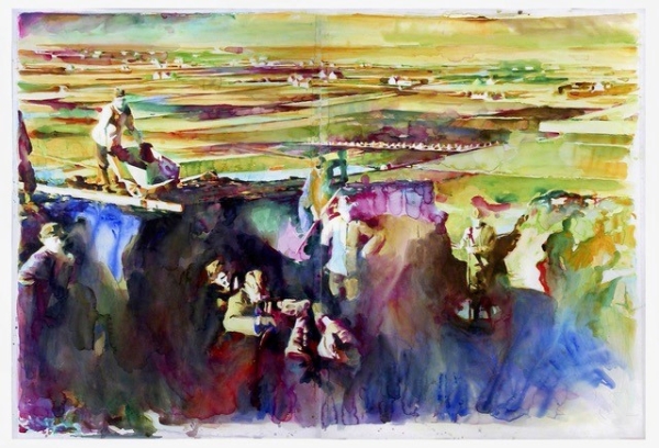 Aquarelle représentant des soldats dans une tranchée avec des villages très petits en arrière-plan, dans un style qui évoque la photographie