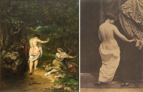 Fig. de gauche : Gustave Courbet, Les Baigneuses, 1853, huile sur toile, Montpellier, musée Fabre / Fig. de droite : Julien Vallou de Villeneuve, Étude d’après nature, nu n°1906, 1852-53, épreuve sur papier salé, Paris, Bibliothèque nationale de France
