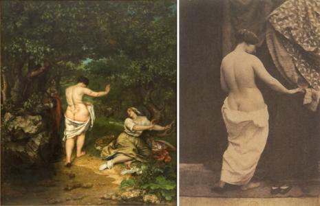   Fig. de gauche : Gustave Courbet, Les Baigneuses, 1853, huile sur toile, Montpellier, musée Fabre / Fig. de droite : Julien Vallou de Villeneuve, Étude d’après nature, nu n°1906, 1852-53, épreuve sur papier salé, Paris, Bibliothèque nationale de France