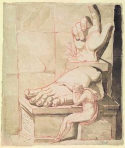 Johann Heinrich Füssli (1741-1825), L’Artiste désespéré devant la grandeur des ruines antiques, 1778-1780, Sanguine et lavis d’encre sépia, Zurich, Kunsthaus, Kupferstichkabinett