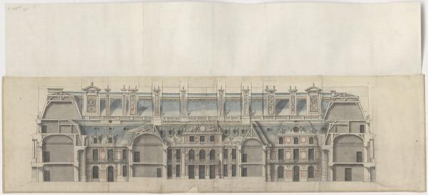 Archives nationales (France), O/1/1768/A, dossier 1, n°2; Château de Versailles. Coupe du corps central montrant en élévation la façade du fond de la cour de marbre et des deux cours intérieures, projets. 