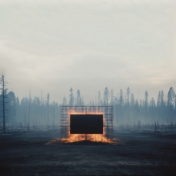 Photography from Grégory Chatonsky showing a landscape of forest burned after a fire, with i nthe centere what looks like a still burning billboard or wide screen.