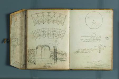 70r° - Charpentes, armatures et pavillon, Paris, Institut de France, Manuskript. B, f. 28v, 230 × 160 mm, Feder und Tinte, 1487–90