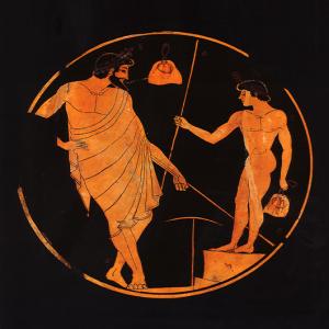 Un homme, devant la statue d’un jeune athlète Kylix, Musée de Baltimore, vers 500 av. J.-C.