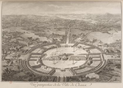 Claude-Nicolas Ledoux, dessinateur ; Pierre-Gabriel Berthault, Vue perspective de la ville de Chaux, Eau-forte, Planche N°15 de L’architecture considérée sous le rapport de l’art, des mœurs et de la législation, Paris, 1804