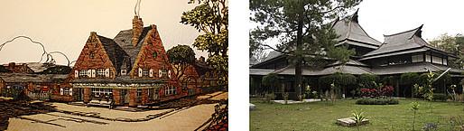 Left: Drawing for a regionalist architecture entitled “Auberge dans la Somme” in Charles Letrosne's publication "Murs et toits de chez nous" (1923-6); Right: The"Technische Hogeschool" in Bandung/Java in the Dutch East Indies (today Indonesia) by Henri Maclaine Pont in 1920 (Photo: Michael Falser 2014)